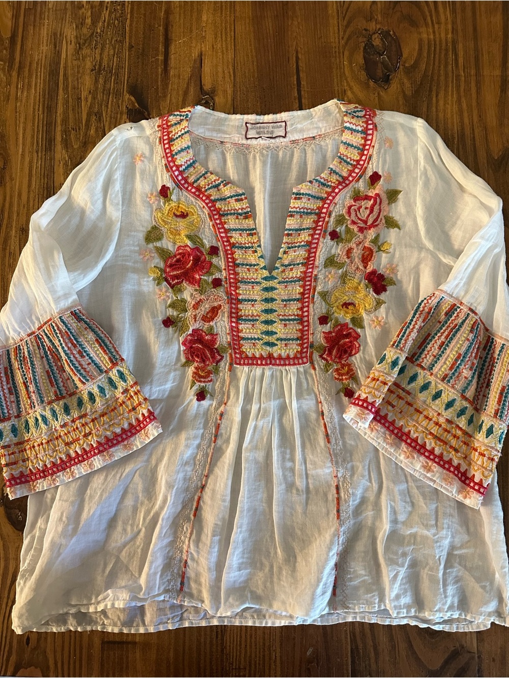 Johnny Was White Embroidered Floral Peasant Top with Multicolor Trim